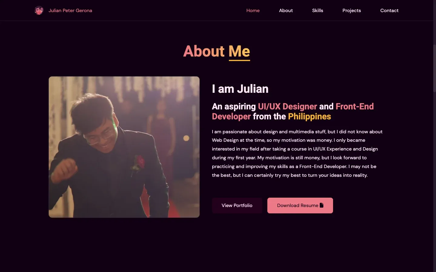 About section with a photo beside an introduction as an aspiring UI/UX designer and front-end developer