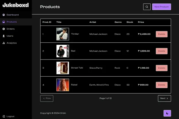 Admin products table with record thumbnails, stock counts, peso prices, delete actions, and pagination