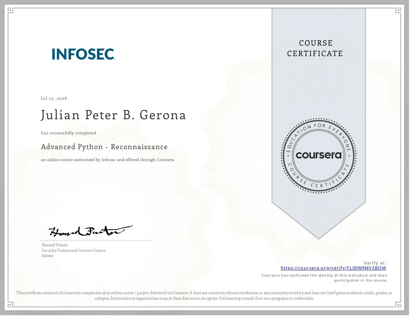 Advanced Python - Reconnaissance certificate from Infosec