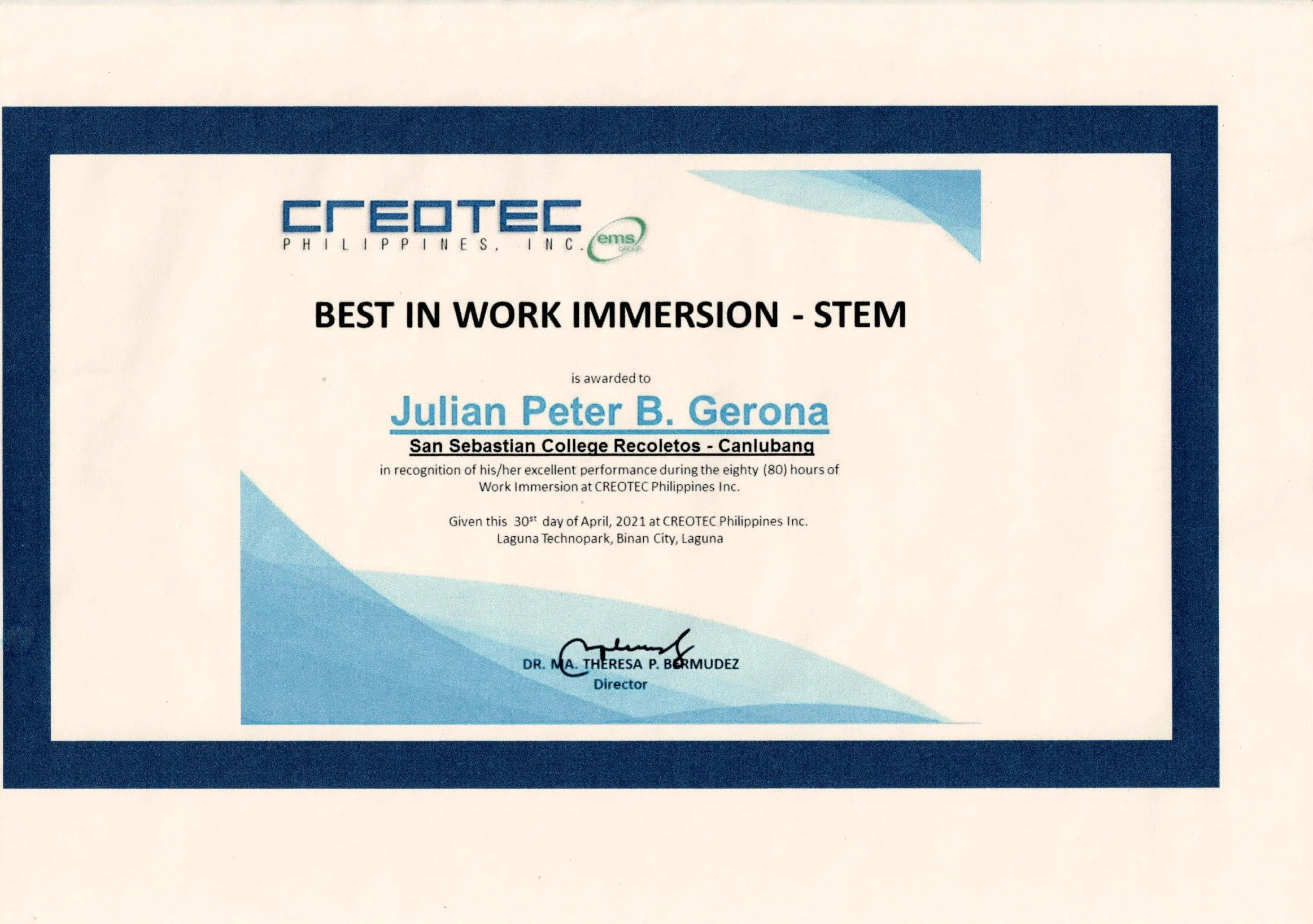 Best in Work Immersion - STEM certificate from Creotec Philippines