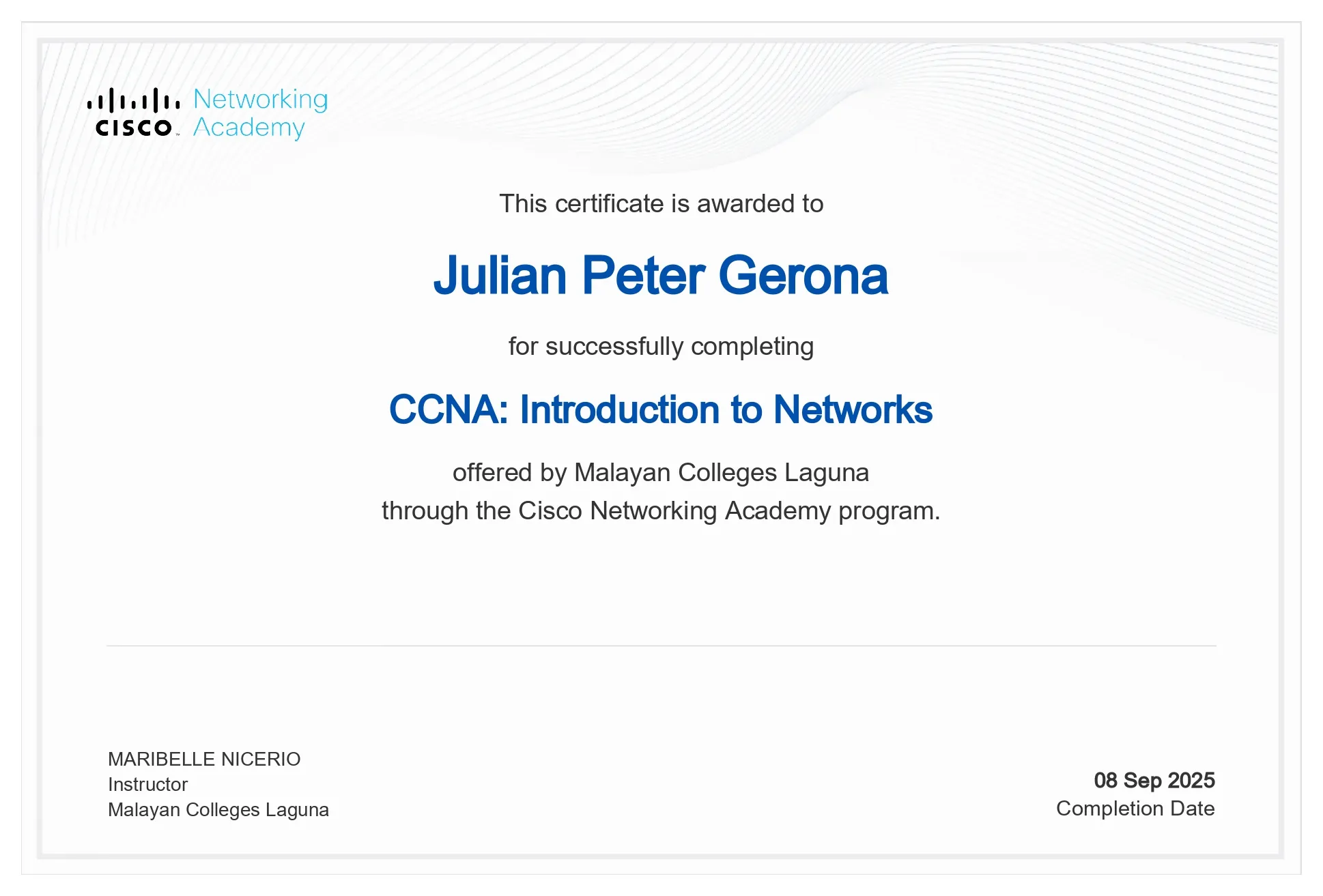 CCNA: Introduction to Networks certificate from Cisco Networking Academy