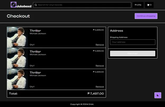 Checkout page with carted records, quantities, a running peso total, and a shipping address form