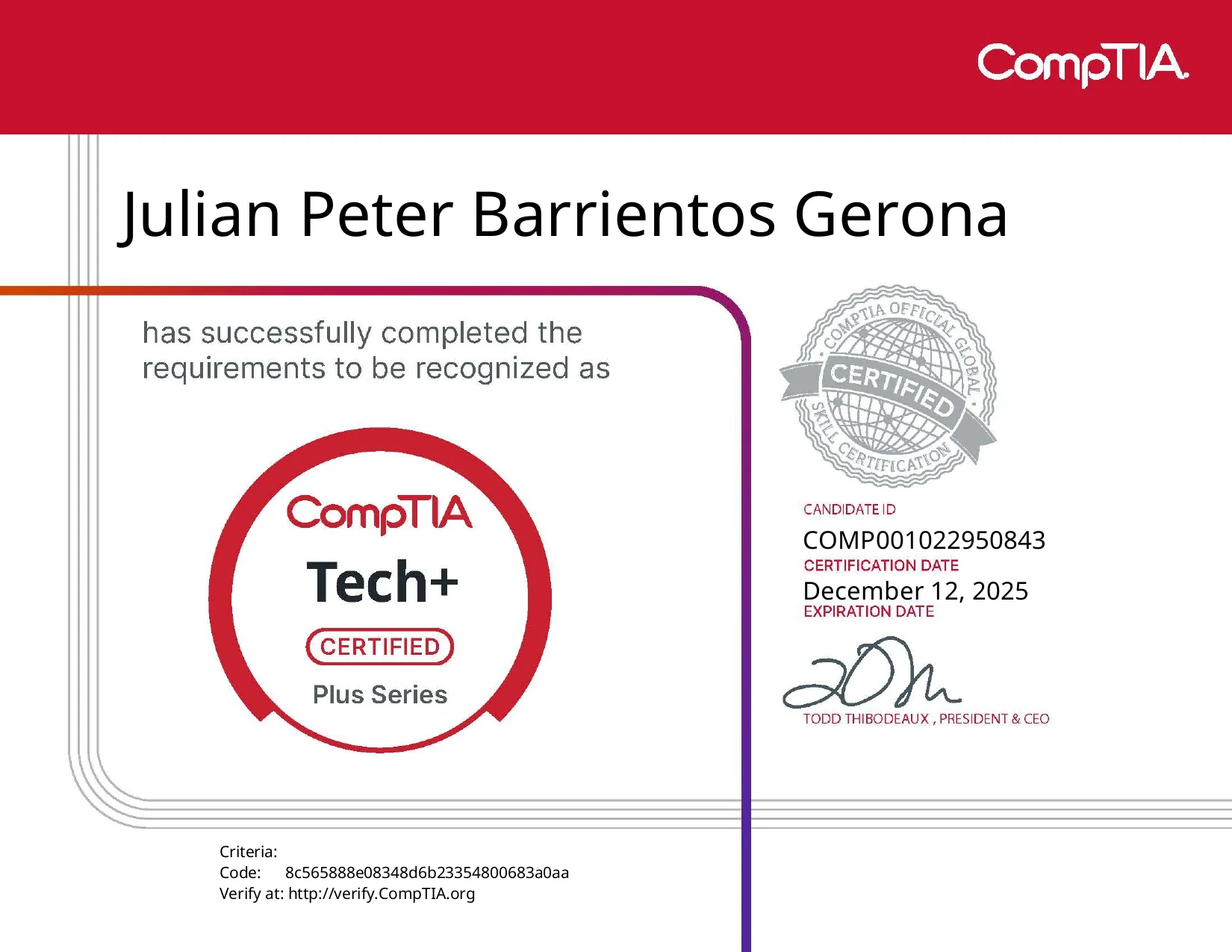 CompTIA Tech+ certificate from CompTIA