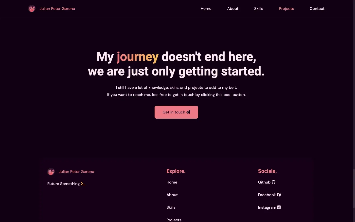 Contact section reading "My journey doesn't end here, we are just only getting started" above the footer