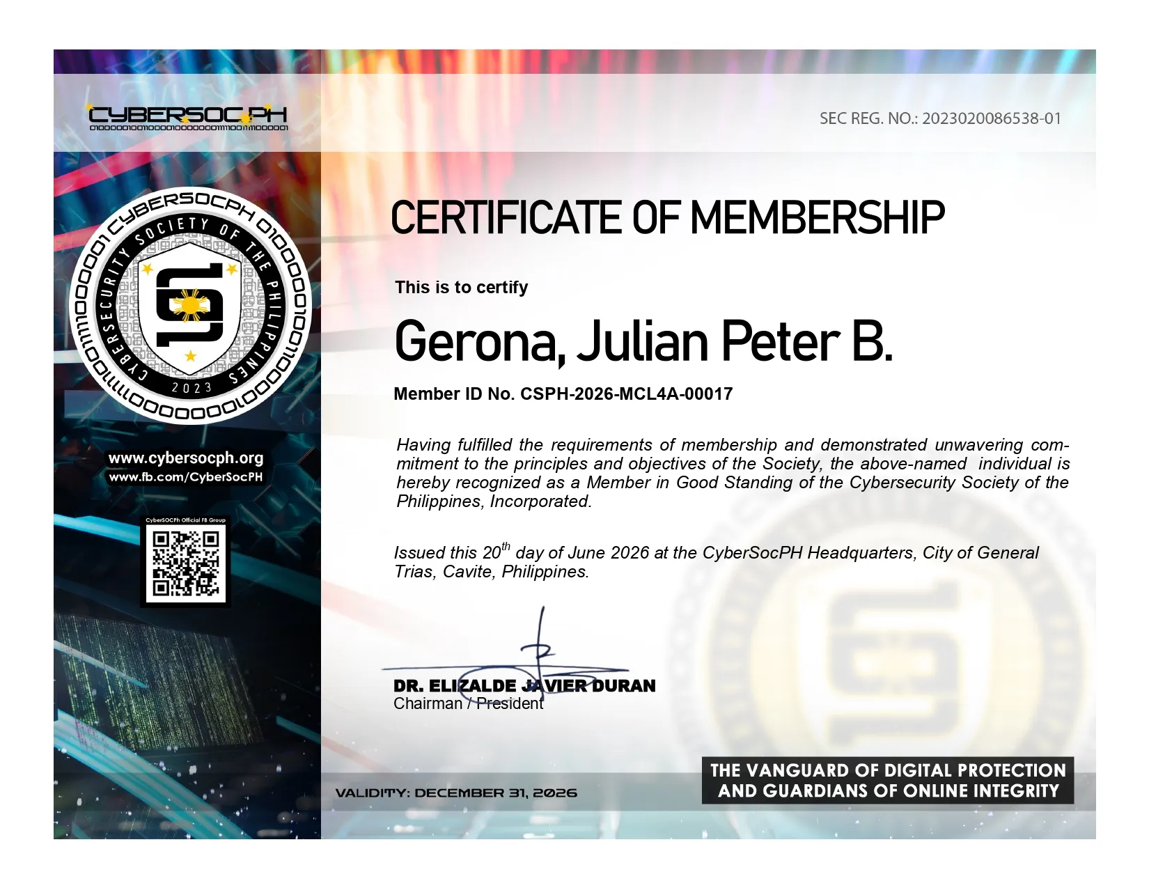 Certificate of Membership certificate from CyberSocPH