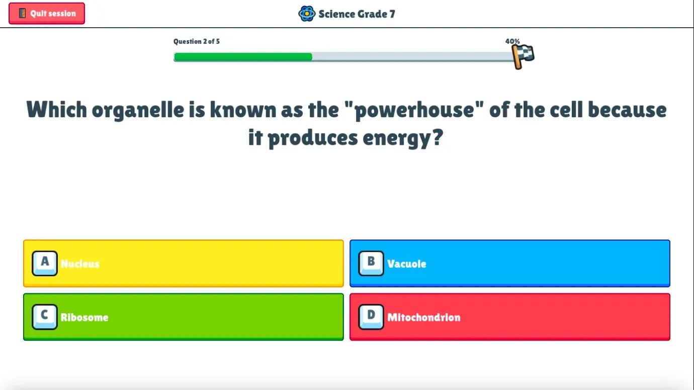 A generated science quiz being played, one question of five with four answer choices
