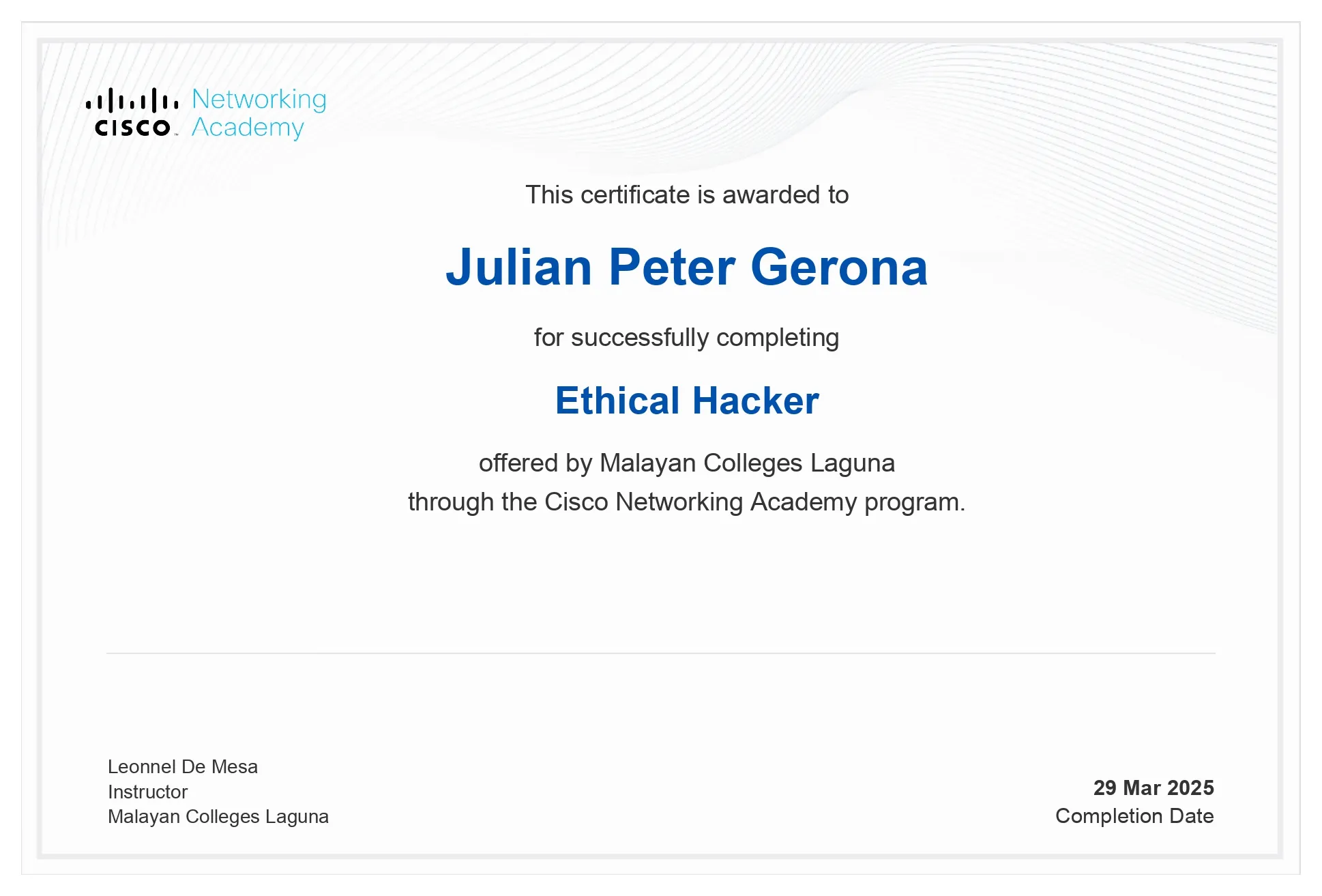 Ethical Hacker certificate from Cisco Networking Academy