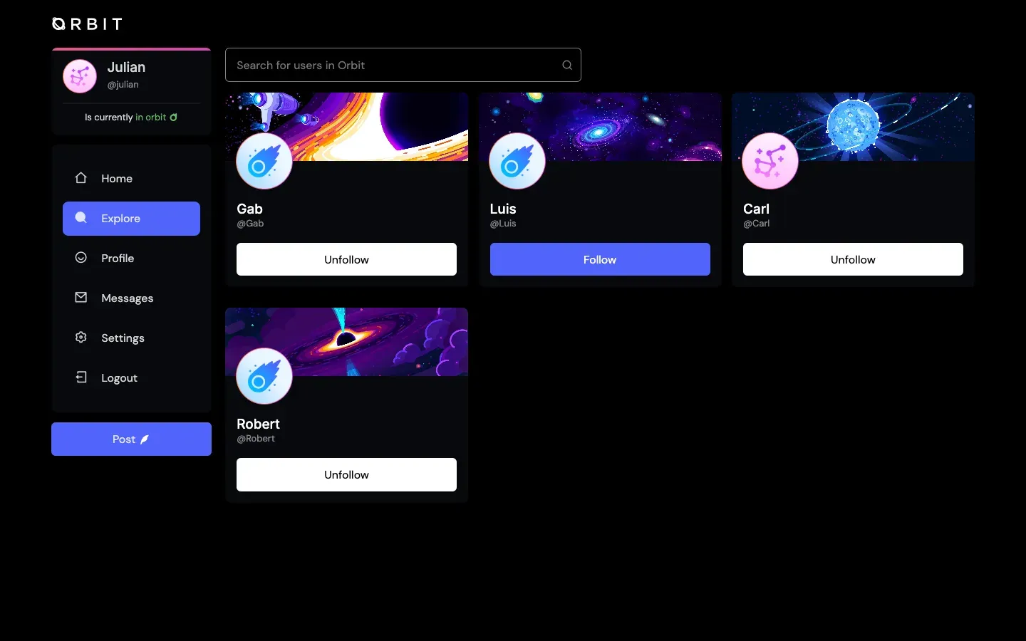 Explore page with a searchable grid of user cards and follow states