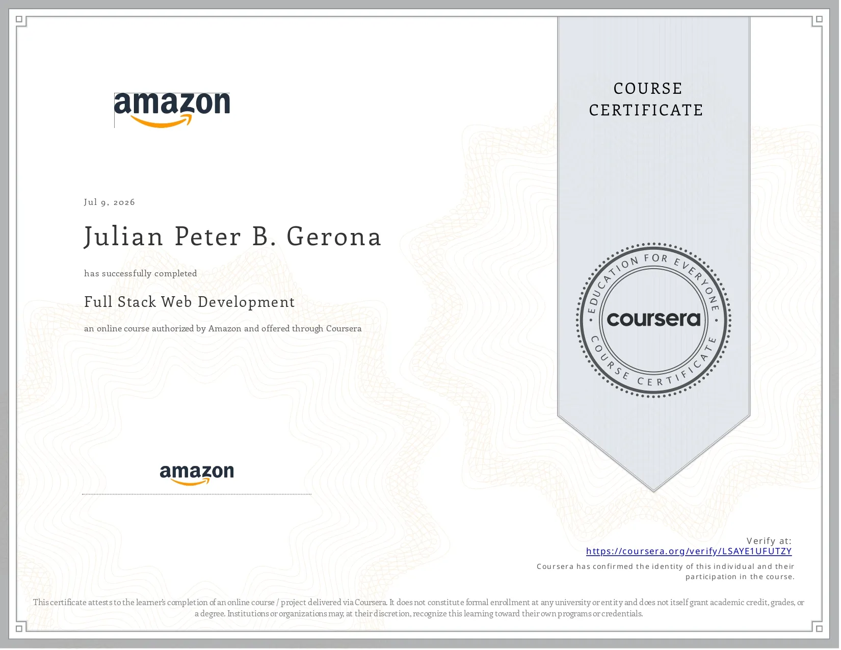 Full Stack Web Development certificate from Amazon