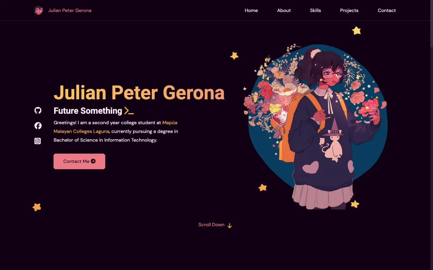 Portfolio v1 hero, gradient name over a dark plum background with the vacuumch character surrounded by parallax stars