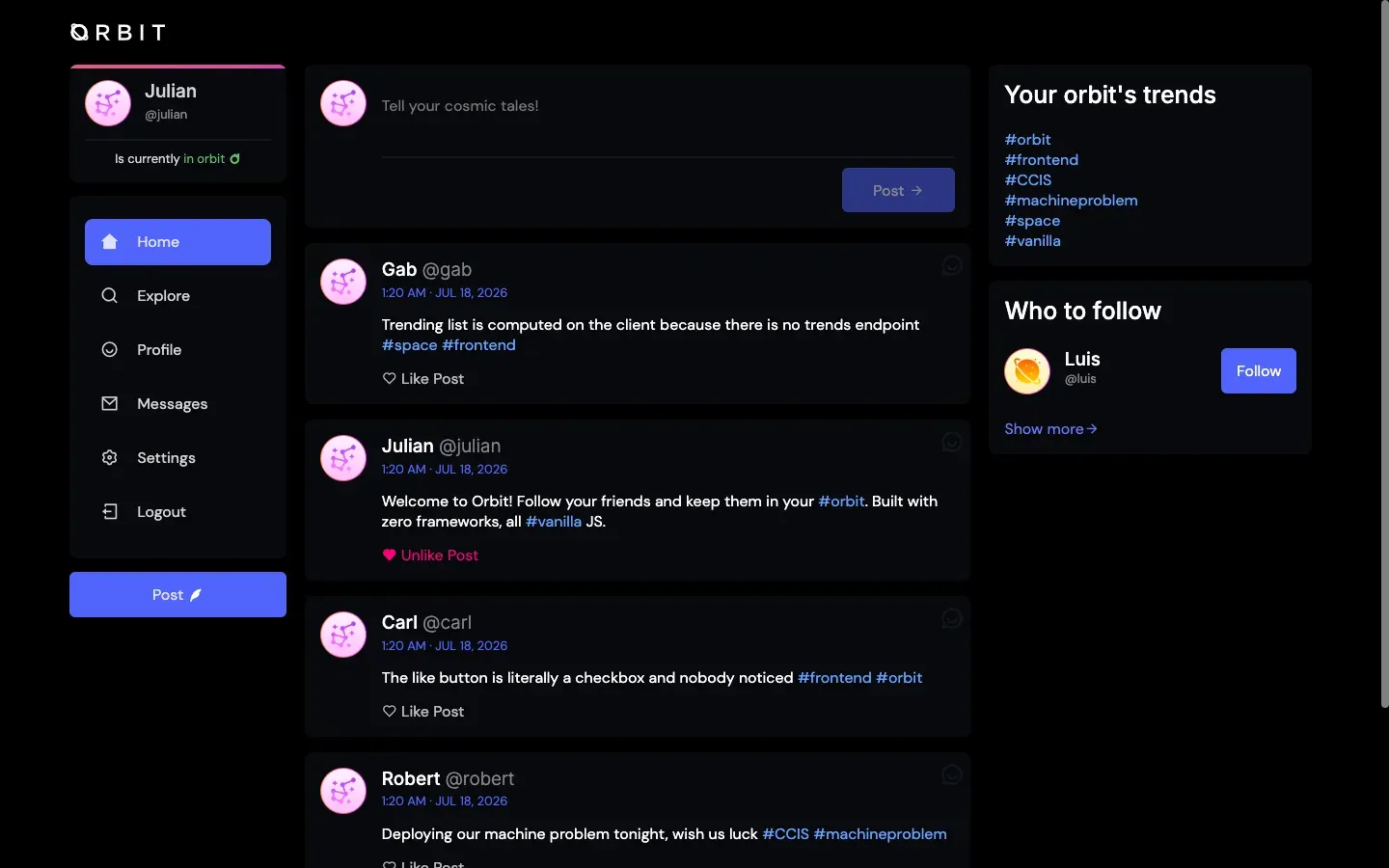 Orbit home feed with posts, client-computed trends, and follow suggestions