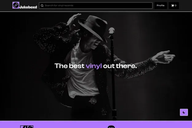 Jukeboxd home page in dark mode, a purple-tinted hero of Michael Jackson over the tagline "The best vinyl out there"