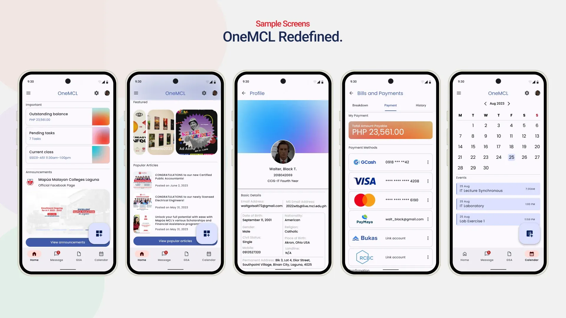 Five OneMCL screens in light mode: home dashboard, featured articles, profile, bills and payments, and calendar