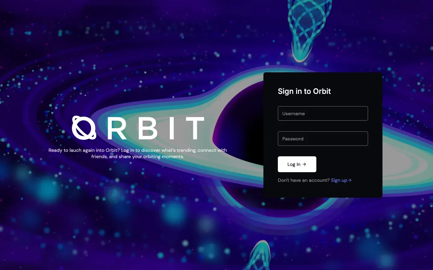 Login page with the Orbit wordmark over a black hole illustration