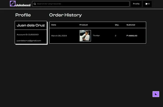 Customer profile with account details next to an order history table