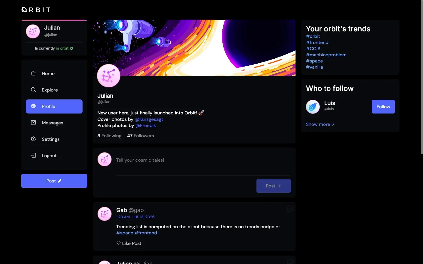 Profile page with cover photo, bio, and a following count derived from the API next to a followers count that is not