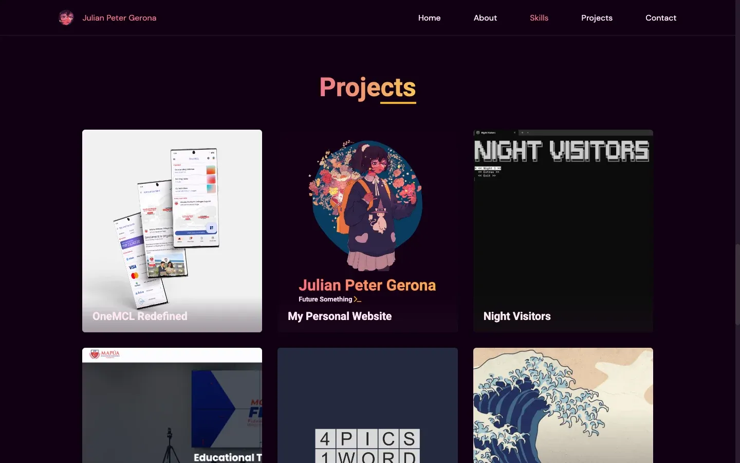 Projects grid with cards for OneMCL Redefined, the personal website itself, and other first-year projects