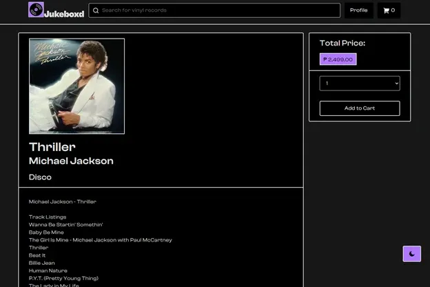 Record page for Thriller with cover art, genre tag, full tracklist, and an add-to-cart panel