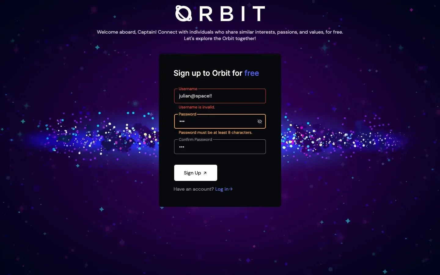 Signup form showing the three field states at once: a red blurred error on the username, a yellow focused error on the password, and a neutral valid confirm field