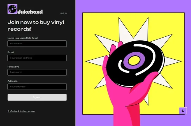 Signup page in dark mode, the form beside a neubrutalist illustration of a hand holding a vinyl record against yellow and purple