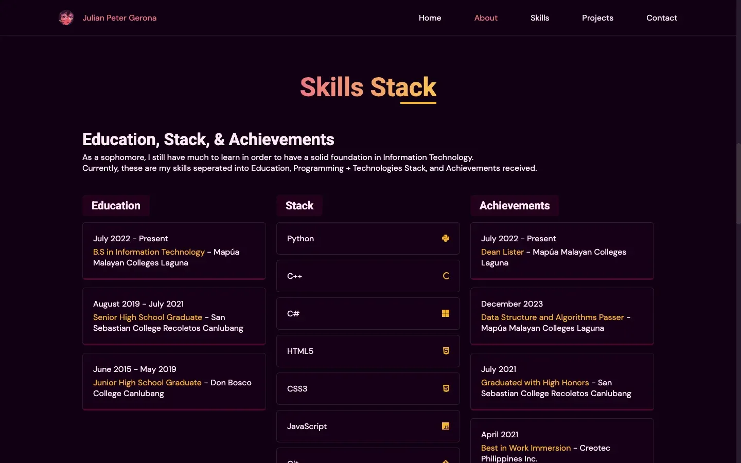 Skills section listing education, a programming stack, and achievements in bordered cards on the dark theme