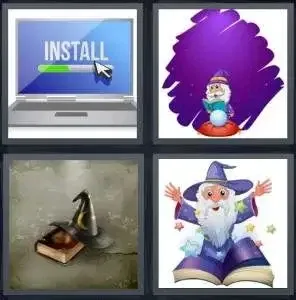Puzzle level showing four images, an install wizard, a cartoon wizard, a witch hat on a spellbook, and a wizard over an open book, for the word "wizard"